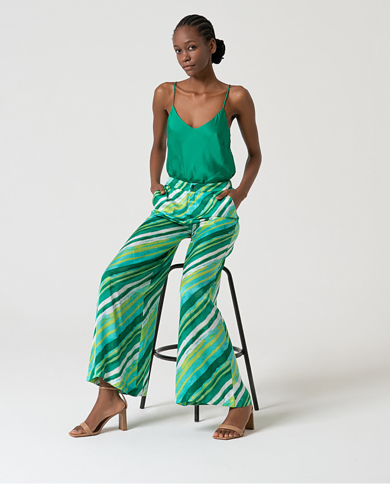 surkana Pantalón wide leg satinado estampado Verde Oferta exclusiva