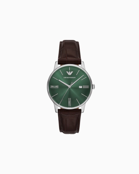 Armani Reloj de piel marrón con tres manecillas y visualización de fecha Descuento por venta flash