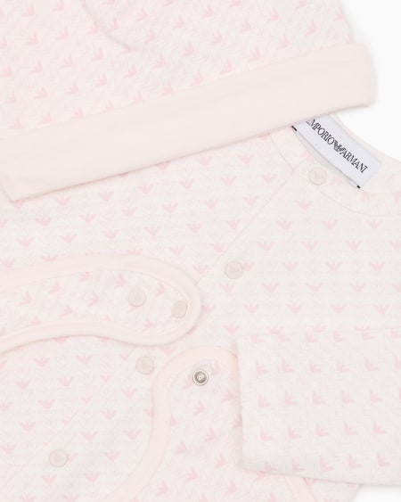 Armani Coffret-cadeau dors-bien bavoir et bonnet en jersey avec motif optique aigles Tienda