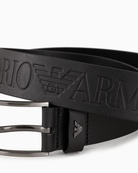 Armani Cinturón de piel abatanada con maxiinscripción de logotipo Gran oferta