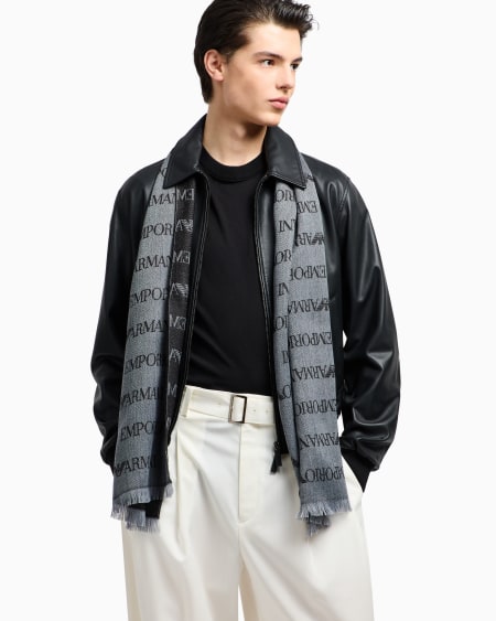Armani Bufanda de mezcla de lana virgen con inscripción de logotipo en tejido jacquard y flecos Precio ultrabajo