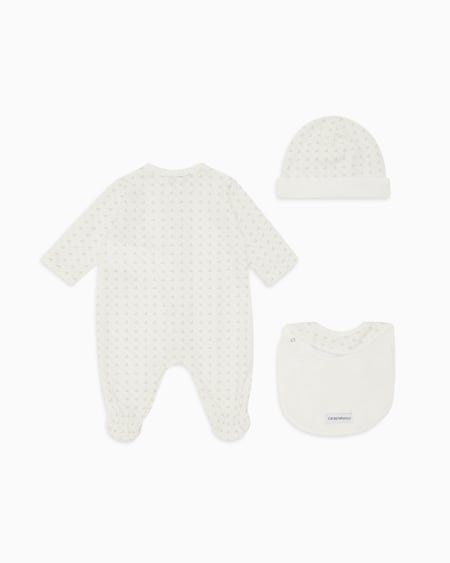 Armani Coffret-cadeau dors-bien bavoir et bonnet en jersey avec motif optique aigles Liquidación