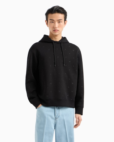 Armani Sudadera de punto doble con capucha y microbordado de águilas por toda la prenda Ofertas especiales