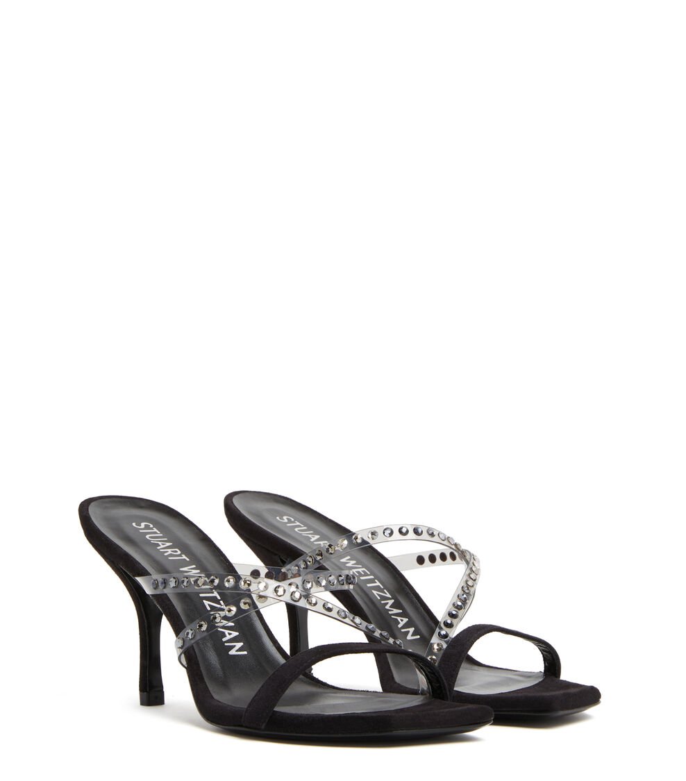 Stuart Weitzman STRAPEZE CRYSTAL 85 SLIDE en Franela/negro/negro multi de Mujer | Stuart Weitzman® Promoción trimestral