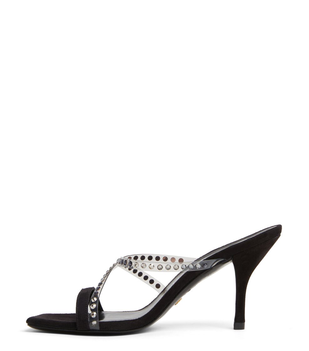 Stuart Weitzman STRAPEZE CRYSTAL 85 SLIDE en Franela/negro/negro multi de Mujer | Stuart Weitzman® Promoción trimestral