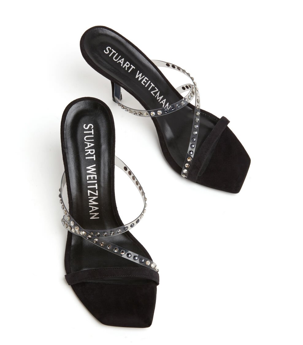 Stuart Weitzman STRAPEZE CRYSTAL 85 SLIDE en Franela/negro/negro multi de Mujer | Stuart Weitzman® Promoción trimestral