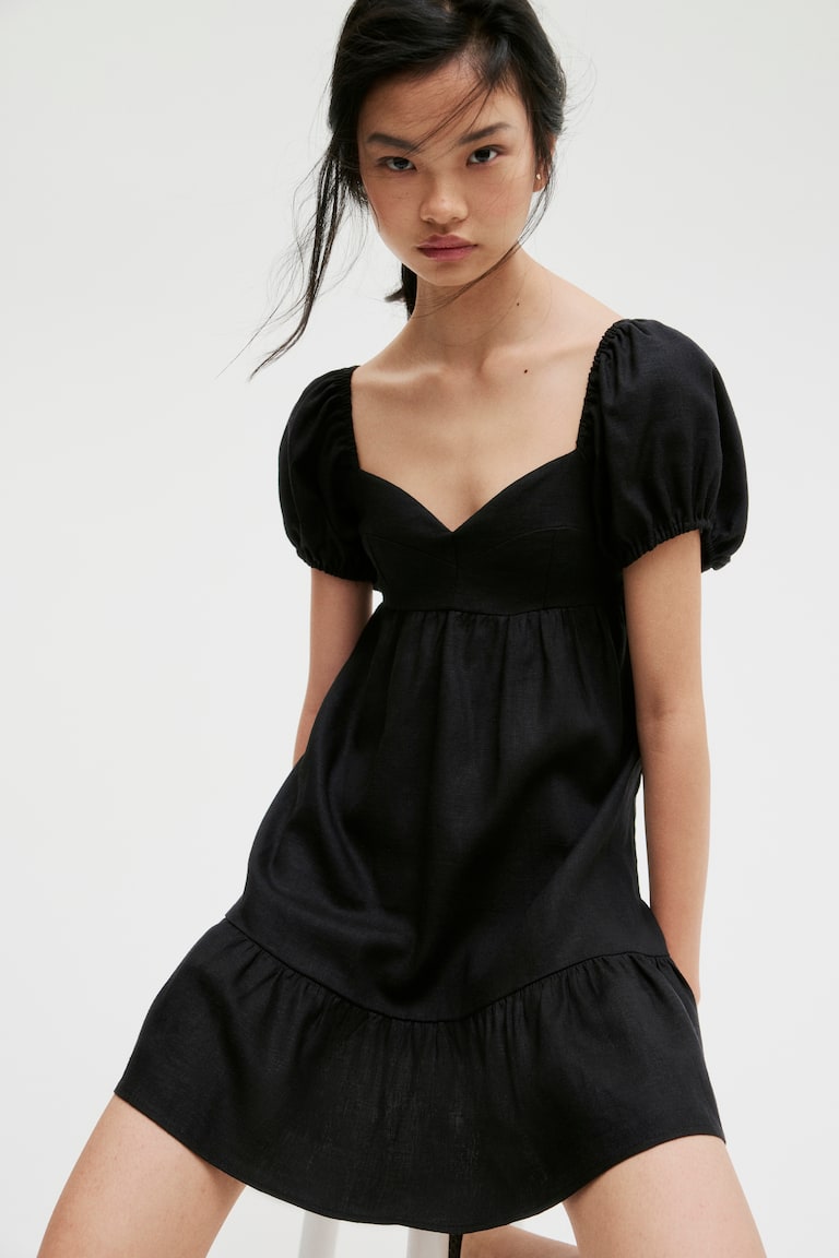 H&M Vestido con manga puffy - Crema/Floral - MUJER