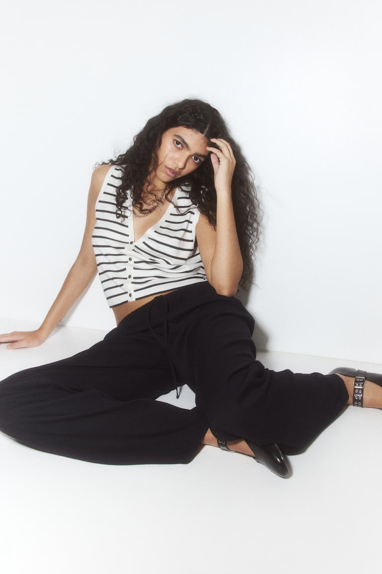 H&M Pantalón recto con cordón de ajuste - Crema/Rayas - MUJER Grandes descuentos