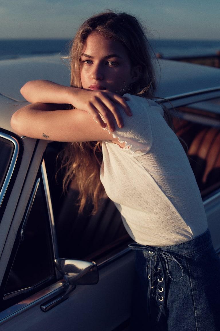 H&M Camiseta en pointelle con ribete de encaje - Gris claro jaspeado - MUJER Ofertas de temporada