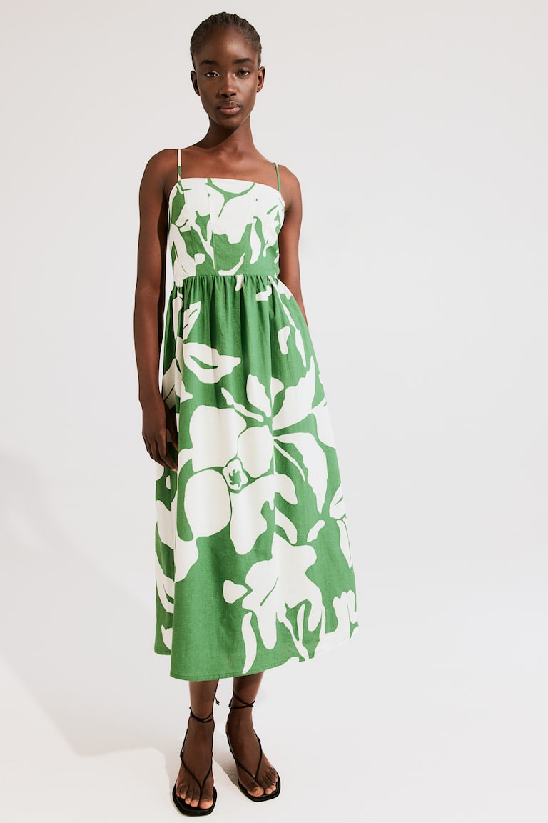 H&M Vestido midi con tirantes finos - Blanco/Floral - MUJER