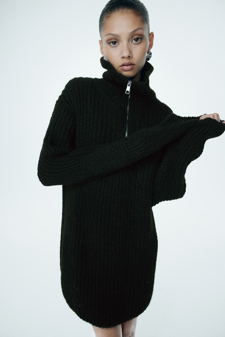 H&M Vestido en punto de canalé con media cremallera - Negro - MUJER Rebajas baratas