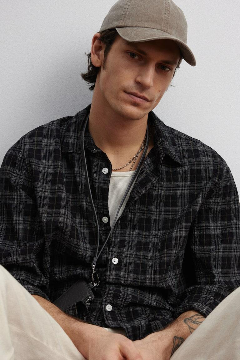 H&M Camisa texturizada Loose Fit - Negro/Cuadros - HOMBRE Solo hoy