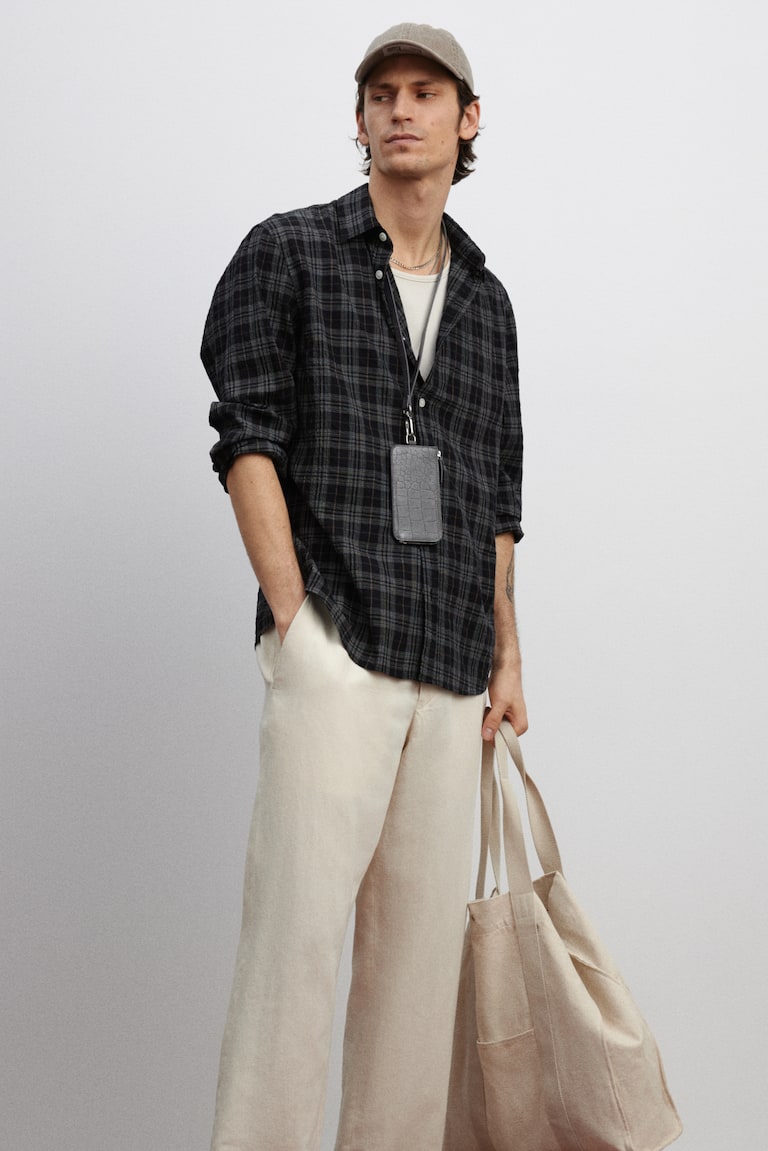 H&M Camisa texturizada Loose Fit - Crema/Cuadros - HOMBRE Oferta especial de fábrica